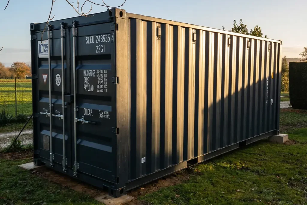 Container 20 pieds Premier Voyage gris RAL 7016 installé comme abri de jardin à Castres, posé sur cales dans un environnement verdoyant