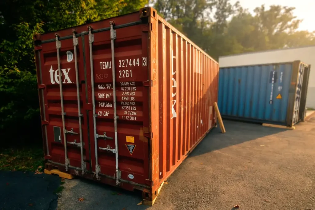 Container 20 pieds d'occasion installé pour le stockage de l'APAJH 86 à Châtellerault, avec container 40 pieds en arrière-plan
