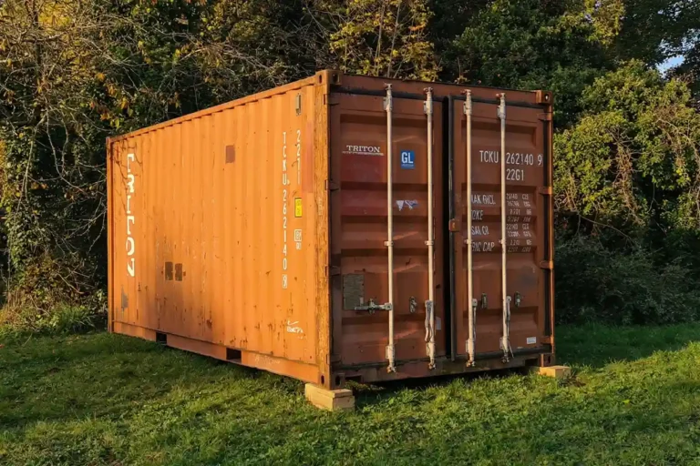 Container maritime 20 pieds d'occasion posé sur cales en bois dans un jardin à Lafage-sur-Sombre, vue sur les portes et marquages Triton