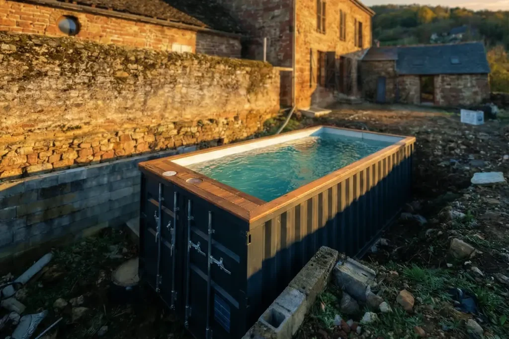 Piscine container 20 pieds remplie d'eau à Noailhac en Corrèze, margelles massaranduba et bâtisse en pierre au coucher de soleil