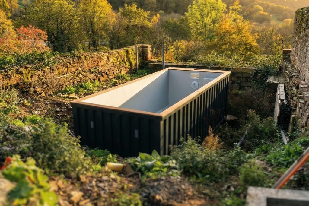 Container piscine 20 pieds vide posé à Noailhac en Corrèze, margelles massaranduba, collines boisées du Midi Corrézien