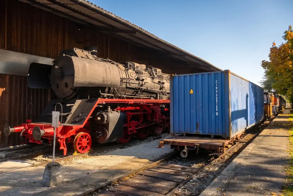 Container 40 pieds d'occasion posé sur un wagon plat près d'une locomotive à vapeur à Martel
