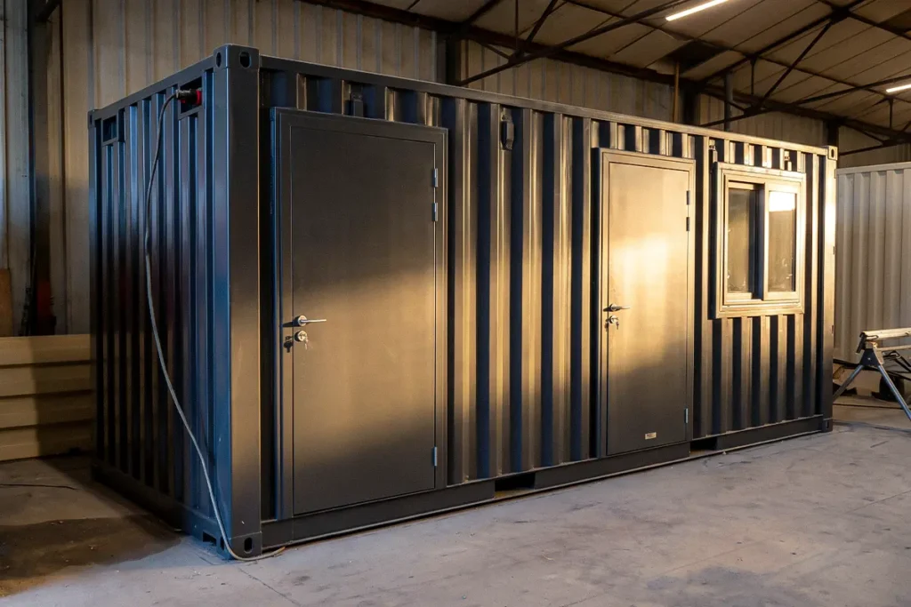 Base de vie en conteneur 20 pieds aménagée pour Nordex à Méreau, façade gris anthracite avec portes et fenêtre