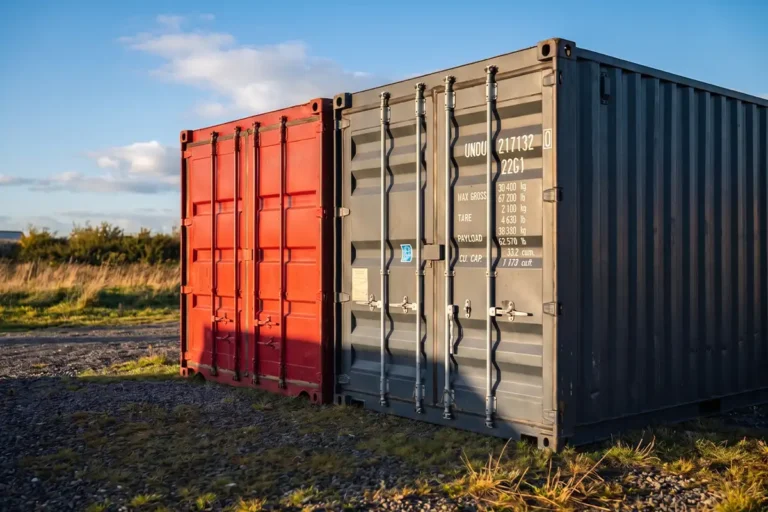 Container de stockage 20 pieds premier voyage anthracite livré à Saint-Clet, à côté d'un container d'occasion rouge