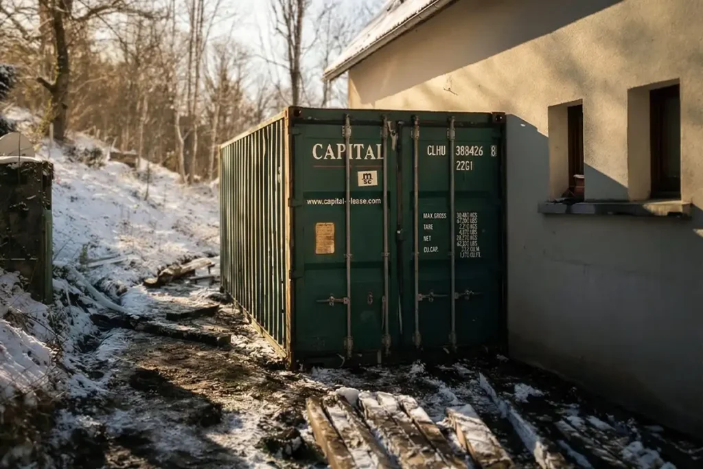 Container de stockage d'occasion vert installé en réserve contre le Gîte du Puy Mary, sous la neige, au Claux (Cantal)