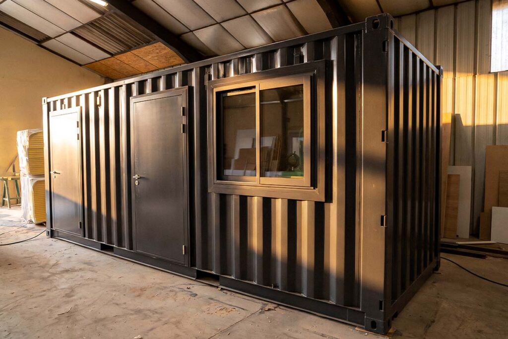Conteneur 20 pieds : deux portes de service en acier et fenêtre aluminium barreaudée, finition gris anthracite