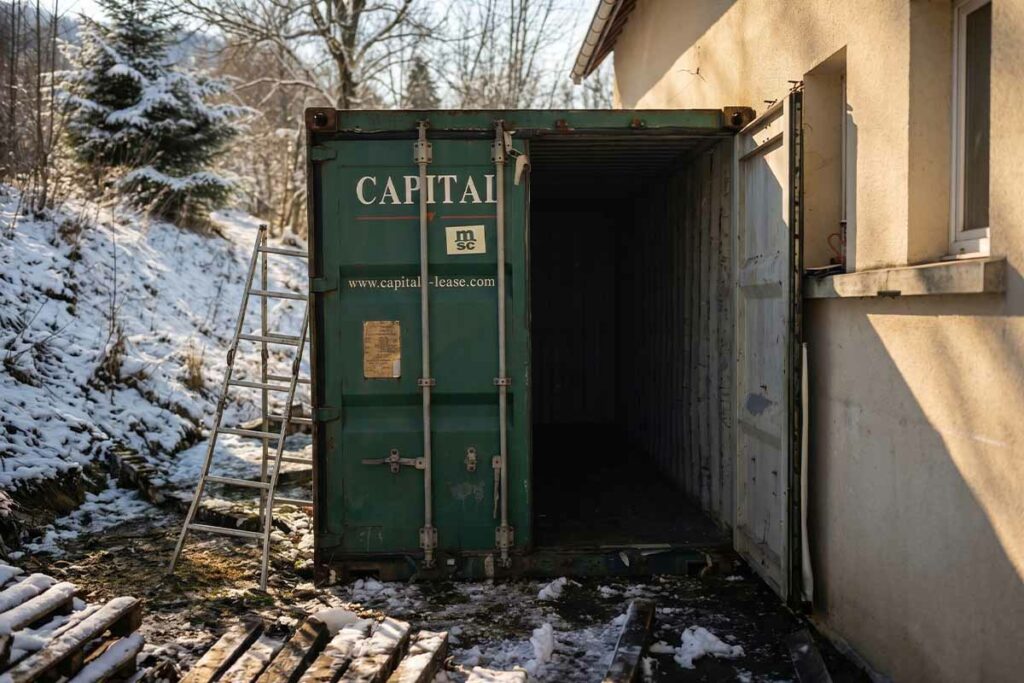 Container de stockage portes ouvertes, adossé à la cuisine du Gîte du Puy Mary au Claux