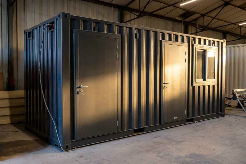 Base de vie en conteneur 20 pieds bardé de bois, avec bureau et vestiaire, aménagée pour Nordex à Méreau
