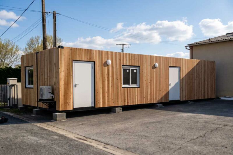 Bureaux en containers bardés de bois Douglas, aménagement municipal, installés à Macau en Gironde