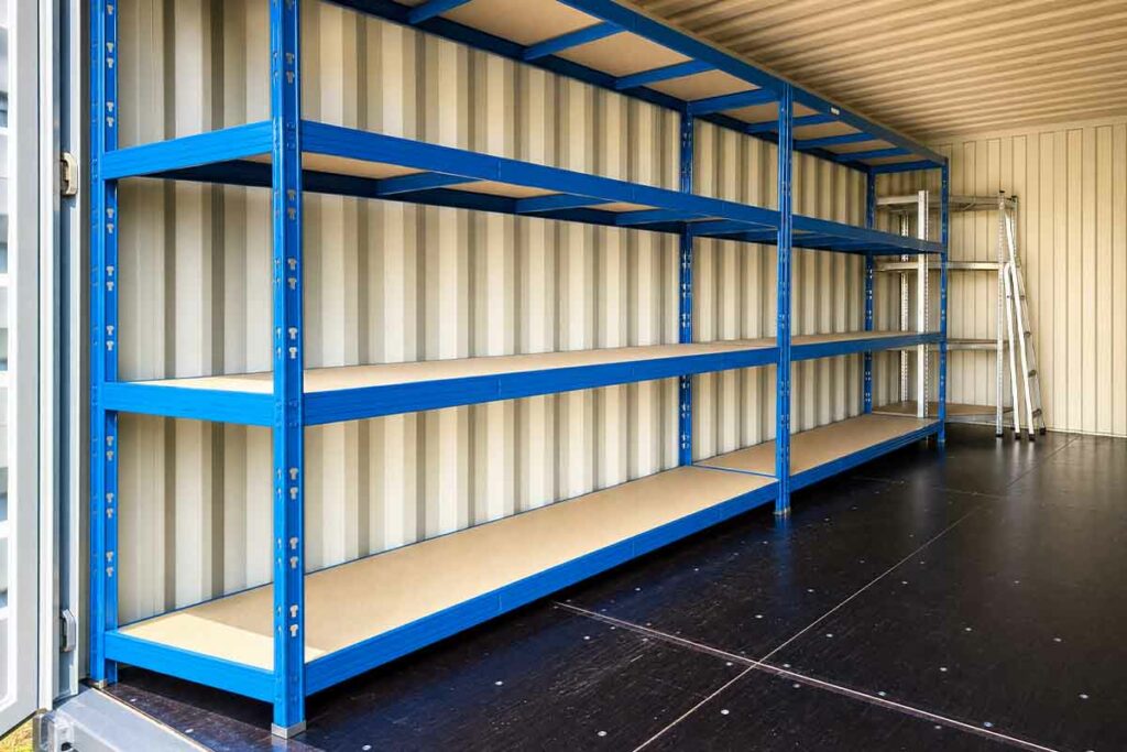 Intérieur d'un container 20 pieds équipé de rayonnages métalliques le long des parois pour le stockage