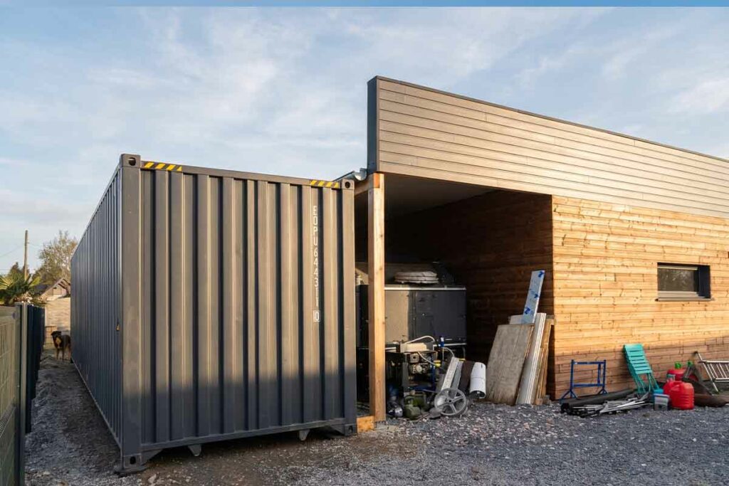 Container 40 pieds High Cube gris anthracite RAL 7016 posé au sol le long d'un hangar bois d'exploitation agricole