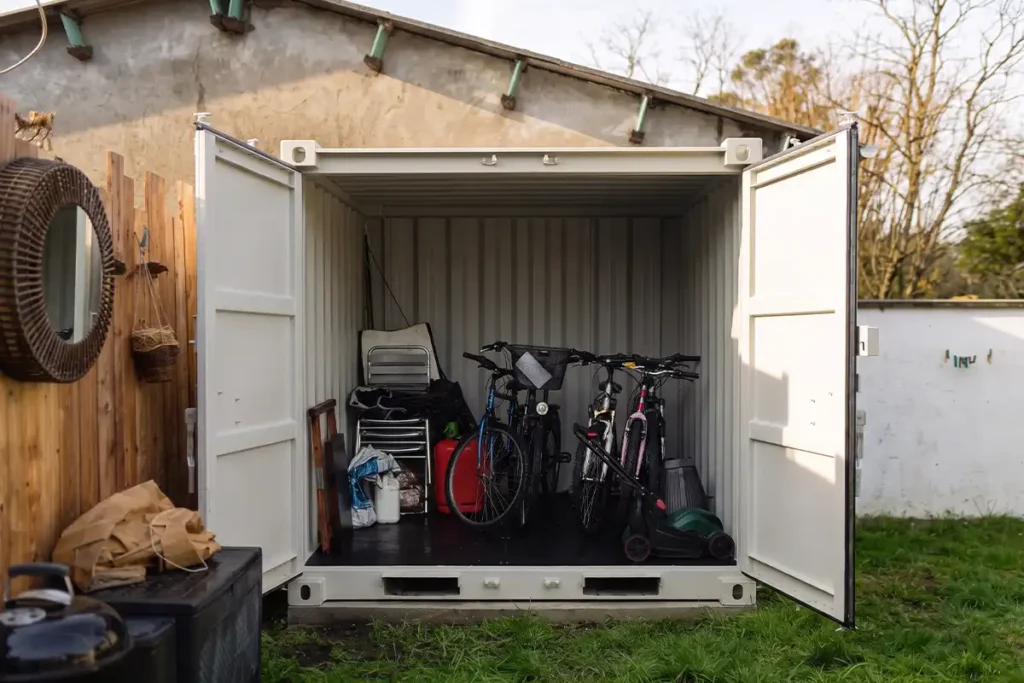 Container 8 pieds ouvert dans un jardin de Talais, en Gironde, avec vélos et tondeuse rangés