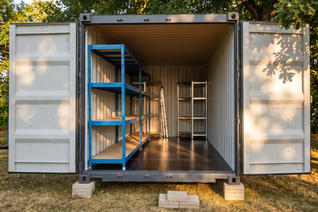 Container anti-condensation 20 pieds gris anthracite aménagé avec rayonnages, portes ouvertes dans un jardin de Dordogne