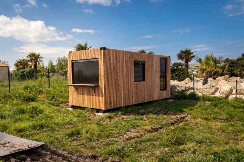 Module container bardé de bois clair avec passe-plat, aménagé pour le Camping Village Corsaire à Châtelaillon-Plage