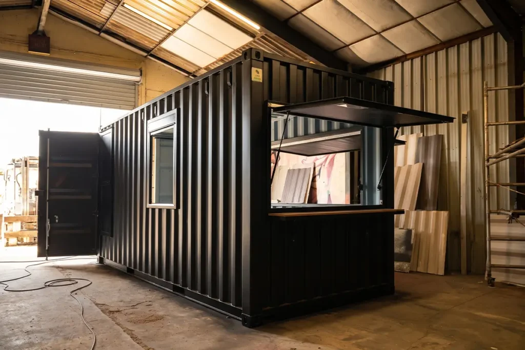 Container 20 pieds High Cube aménagé en régie son et lumière, paroi basculante ouverte à l'atelier