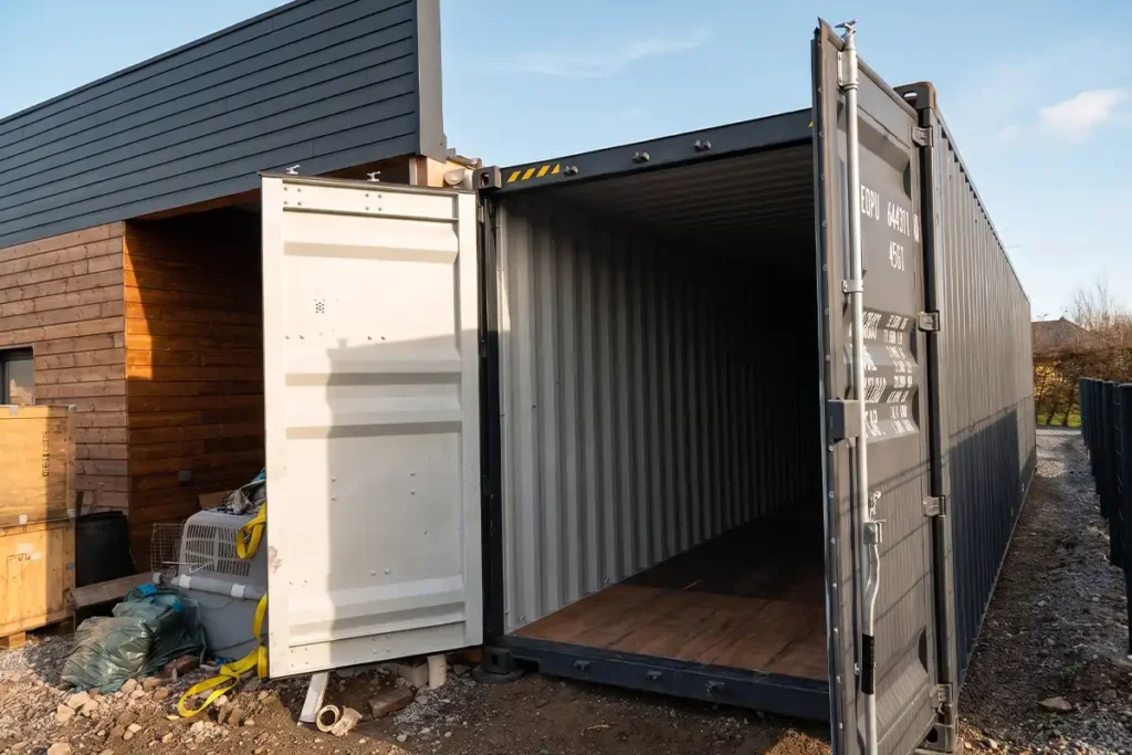 Container de stockage agricole 40 pieds High Cube RAL 7016 portes ouvertes le long d'un bâtiment à Drucourt (27)