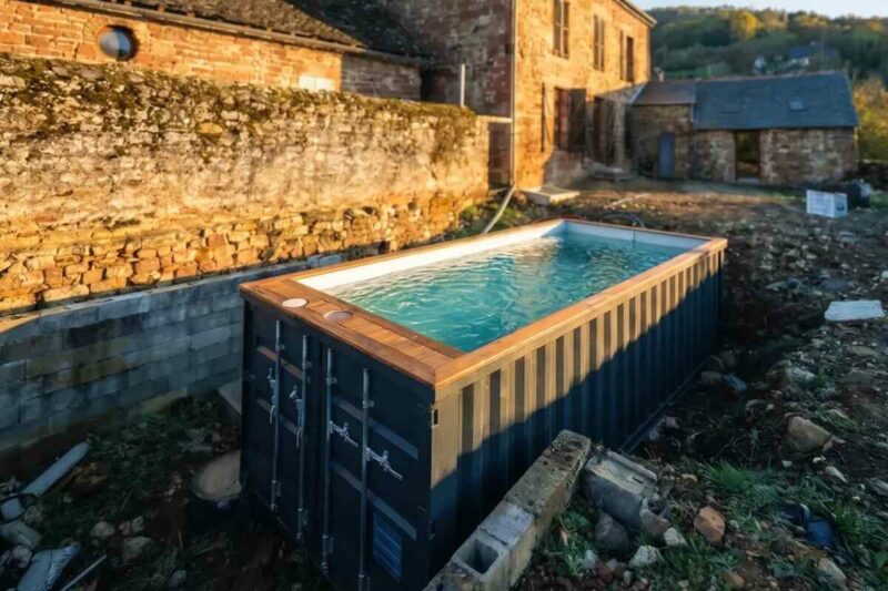 Piscine container à la coque sombre, adossée à un mur de pierre avec margelles en bois exotique, à Noailhac en Corrèze