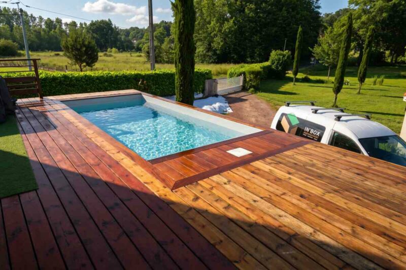 Piscine container avec bassin fibre et large terrasse en bois exotique, installée dans une propriété a Neuvic en Dordogne