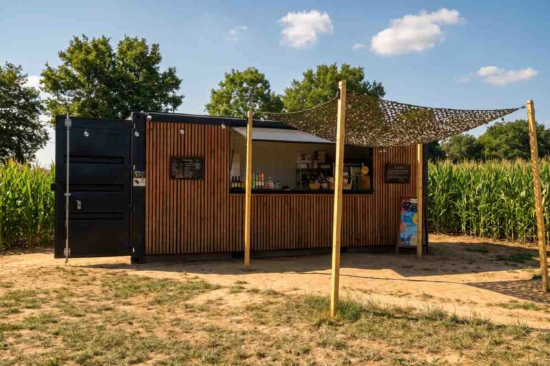 Container maritime noir aménagé en point de vente Pop Corn Labyrinthe à Caen, avec comptoir ouvert et signalétique