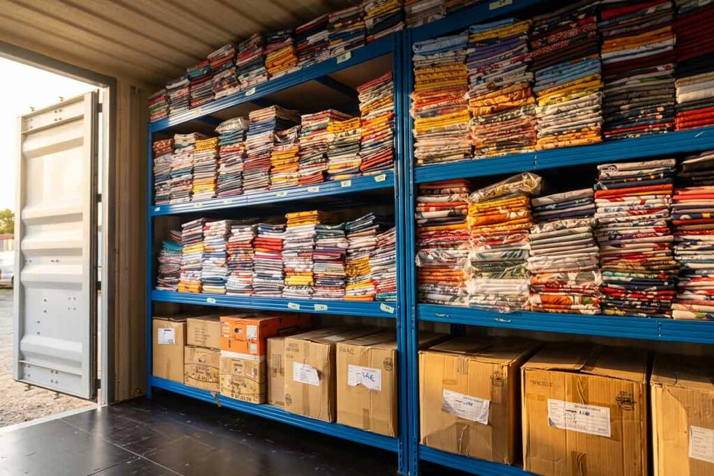 Collection de tissus pliés rangée par piles sur les rayonnages d'un container de stockage anti-condensation
