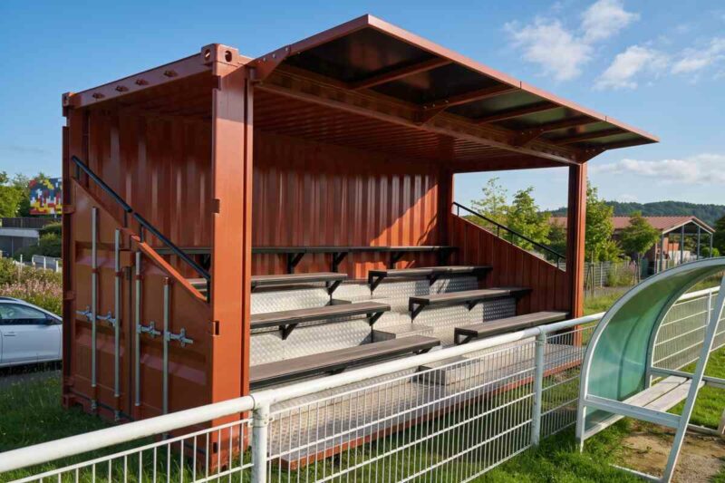 Tribune en container peint en rouge avec auvent incliné et gradins, au bord du terrain du club de Boulazac
