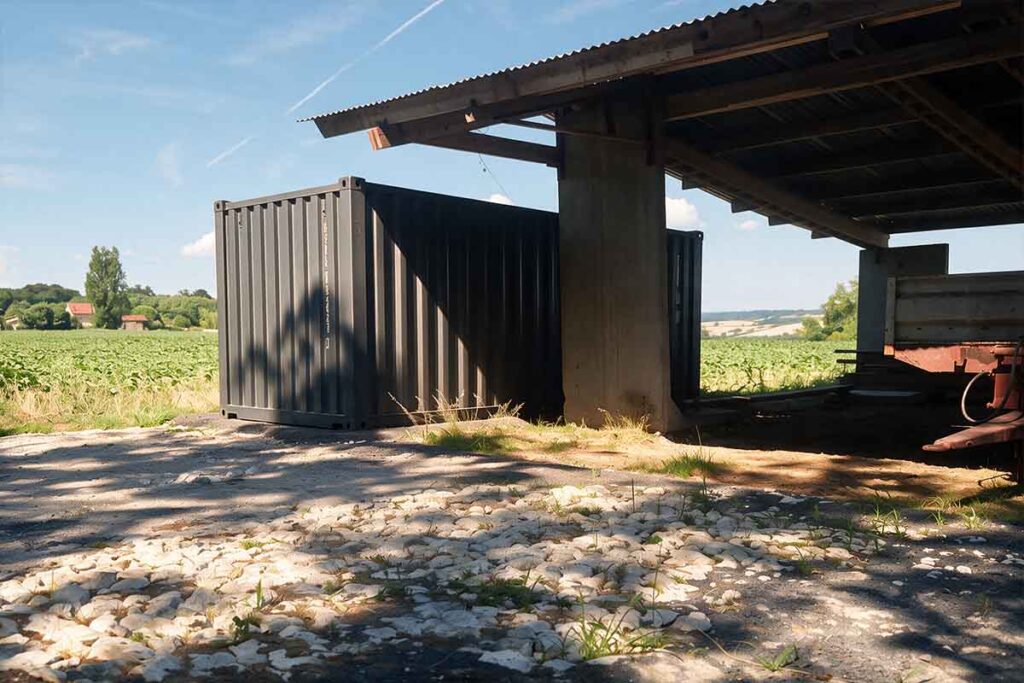 Vue large du container 20 pieds posé contre le hangar, cour empierrée et champ, Razac-sur-l'Isle (24)