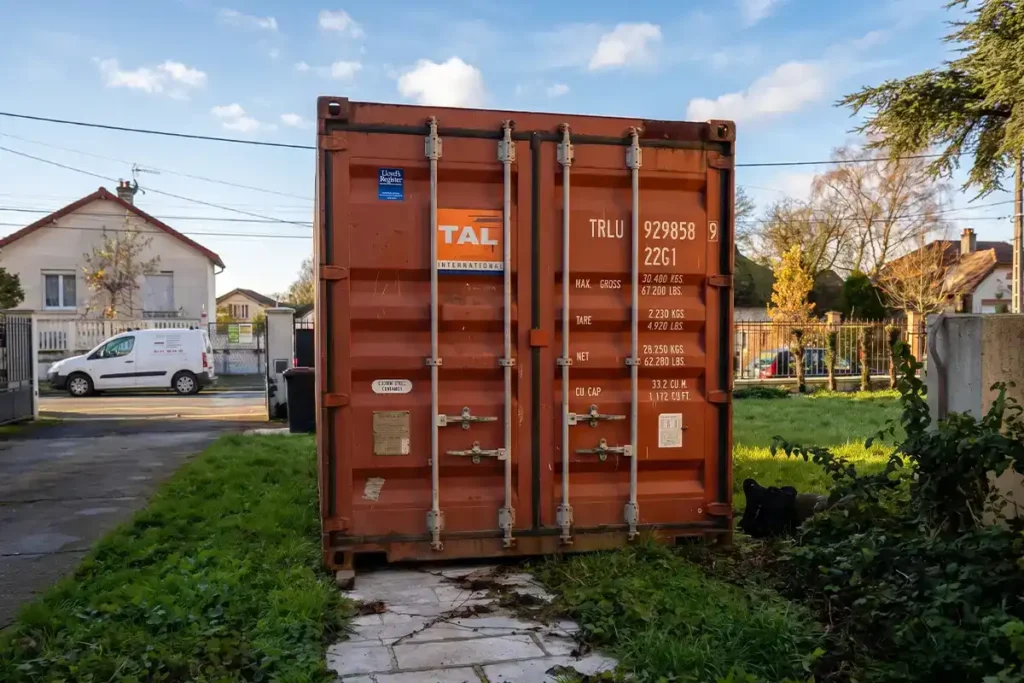 Container maritime 20 pieds d'occasion posé dans le jardin d'un pavillon à Savigny-sur-Orge, en Essonne
