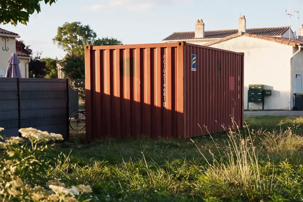 Container de stockage 20 pieds d'occasion posé sur un terrain à Médis, en Charente-Maritime
