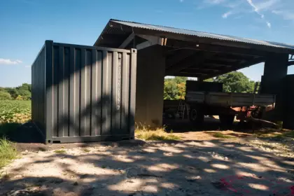 Container de stockage pour outillage gris anthracite posé le long d'un hangar ouvert à Razac-sur-l'Isle (24)