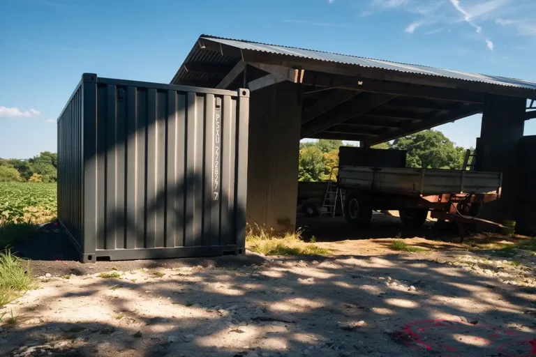 Container de stockage pour outillage gris anthracite posé le long d'un hangar ouvert à Razac-sur-l'Isle (24)