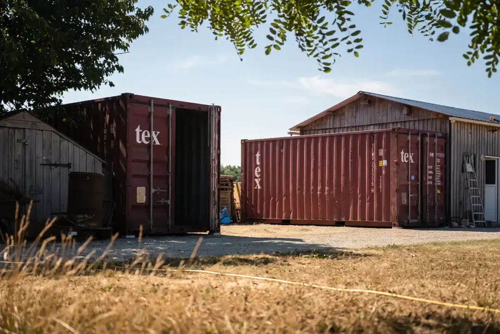 Deux containers maritimes 20 pieds d'occasion posés dans une cour à Aulnay, dans la Vienne