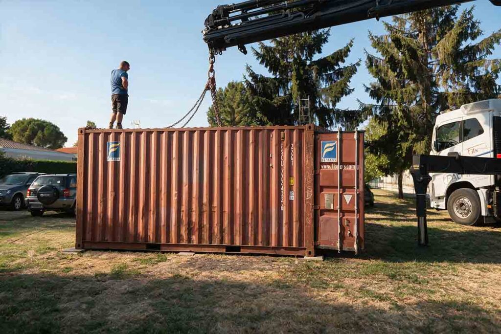Déchargement d'un container 20 pieds à la grue, opérateur sur le toit, à Médis (17