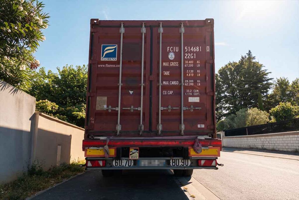Container 20 pieds sur le plateau du camion-grue dans une rue de Médis, Charente-Maritime