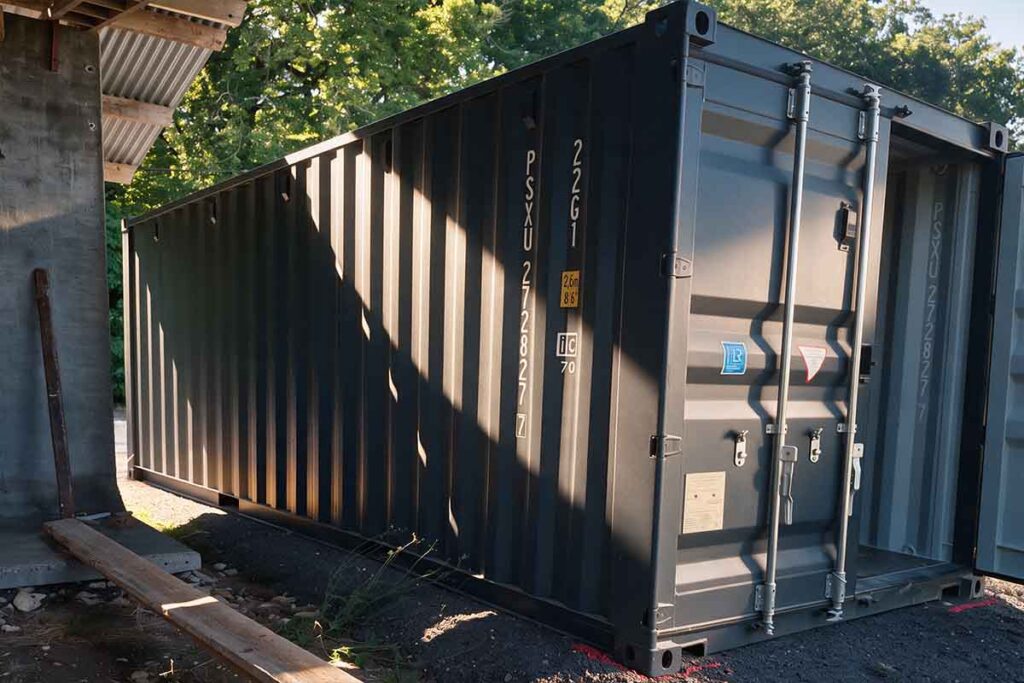 Portes fermées du container premier voyage, crémones pleine hauteur et marquage normalisé, Razac-sur-l'Isle (24)