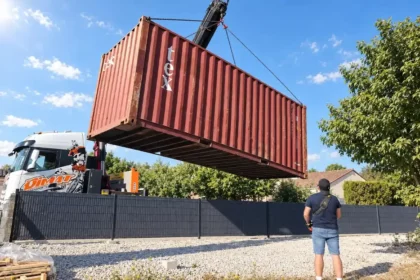 Container maritime 20 pieds d'occasion levé à la grue au-dessus d'une clôture, dans un jardin à Gimeux en Charente